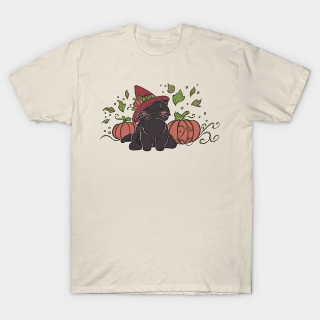 Black Autumn Pumpkin Cat T-Shirt by Thirea